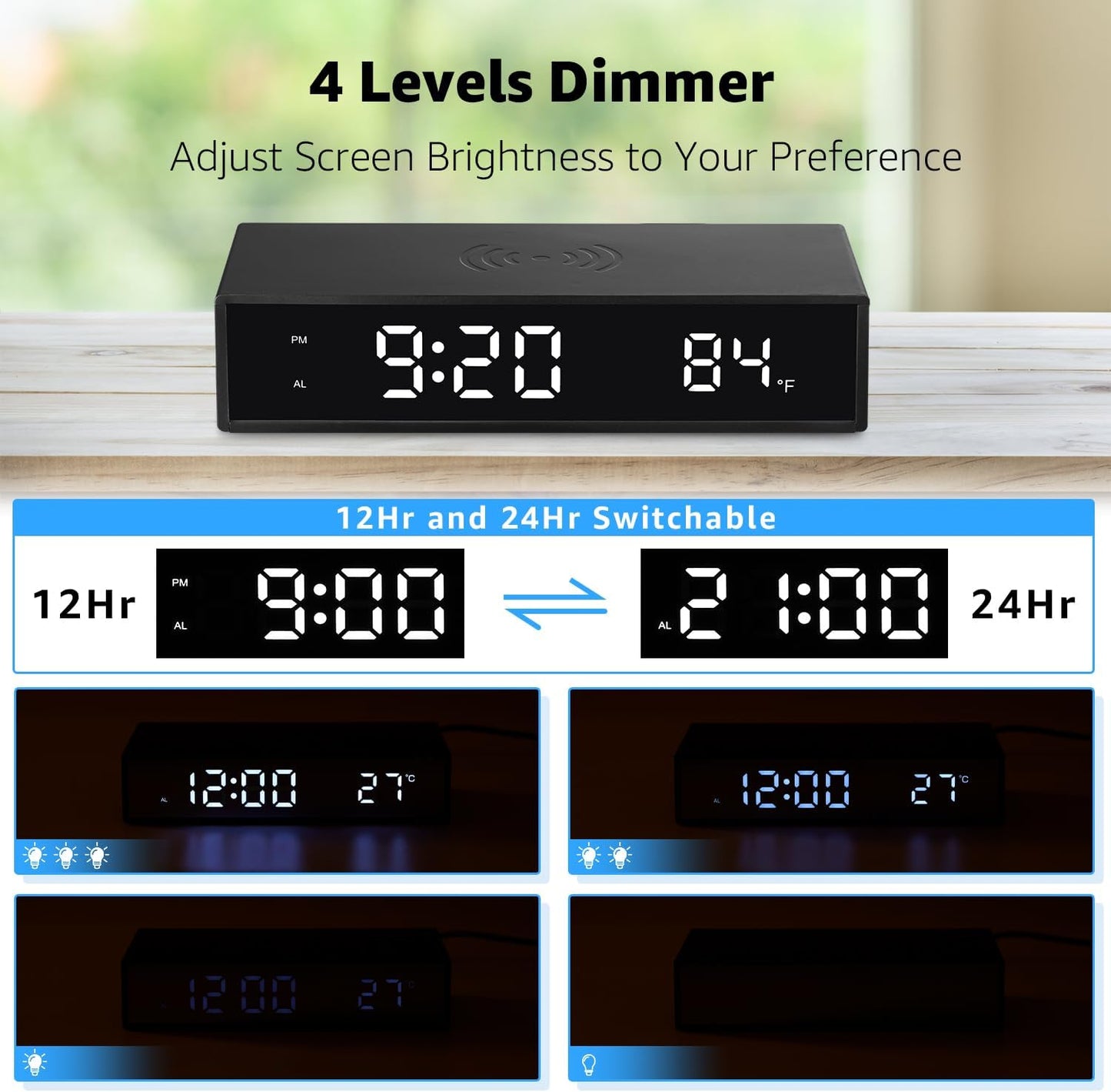Digital LED Alarm Clock with Wireless Charging, 15W Fast Wireless Charger for Smart Phone for iPhone/Samsung, NightTime Mode Adjustable Brightness Snooze, Clock for Bedroom, Living Room, Office, Black