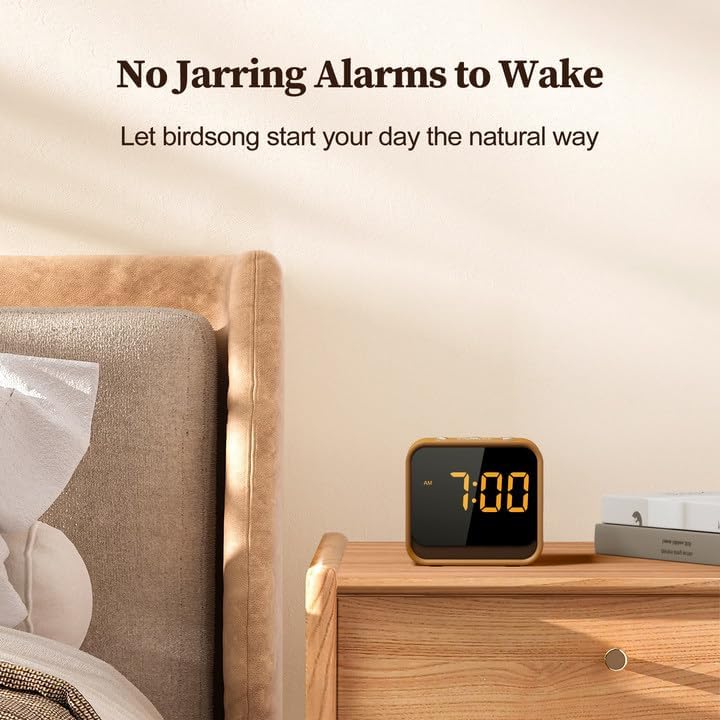 Wooden Sound Machine Alarm Clock for Bedrooms - Gentle Wake-Up with Birdsong, White Noise for Sleeping, Small Digital Clock for Phone-Free Routine
