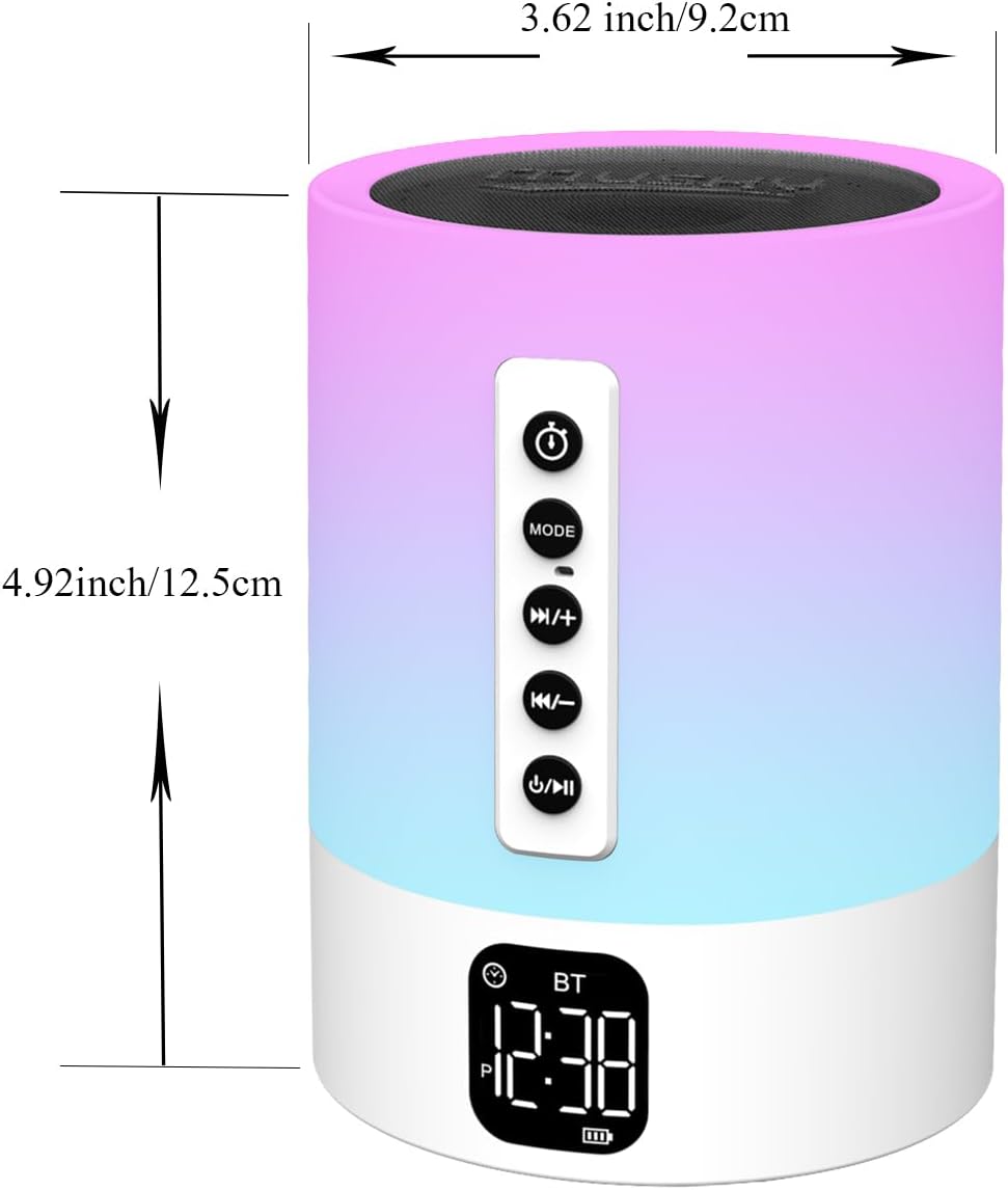 Alarm Clock Bluetooth Speaker, Night Light White Noise Machine Touch Bedside Lamp with Alarm Clock for Kids Multi-Color Changing Night Light