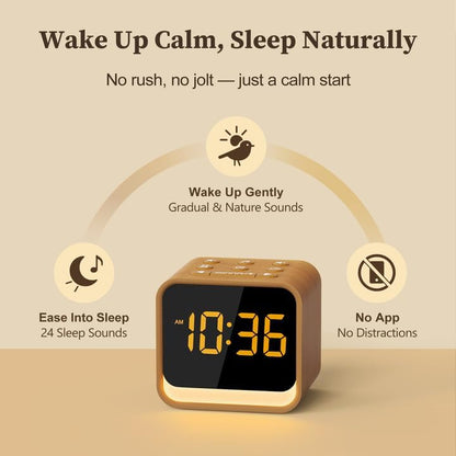 Wooden Sound Machine Alarm Clock for Bedrooms - Gentle Wake-Up with Birdsong, White Noise for Sleeping, Small Digital Clock for Phone-Free Routine