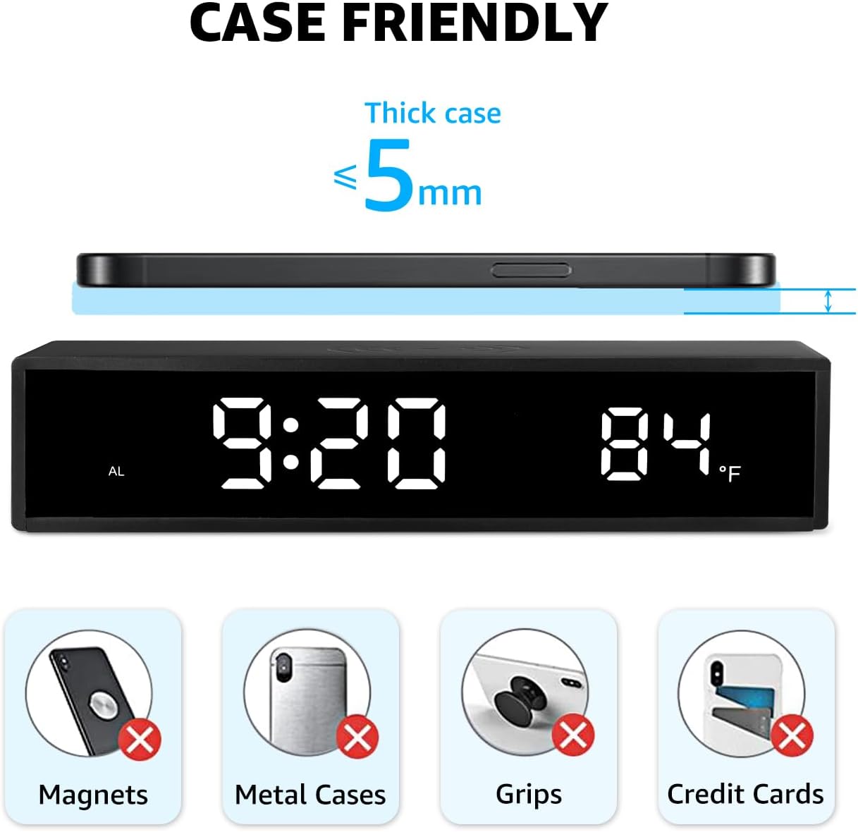 Digital LED Alarm Clock with Wireless Charging, 15W Fast Wireless Charger for Smart Phone for iPhone/Samsung, NightTime Mode Adjustable Brightness Snooze, Clock for Bedroom, Living Room, Office, Black