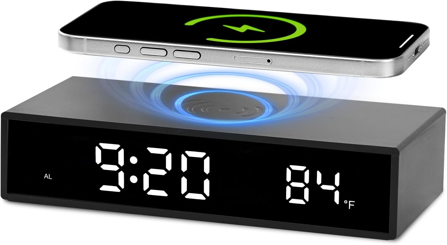 Digital LED Alarm Clock with Wireless Charging, 15W Fast Wireless Charger for Smart Phone for iPhone/Samsung, NightTime Mode Adjustable Brightness Snooze, Clock for Bedroom, Living Room, Office, Black