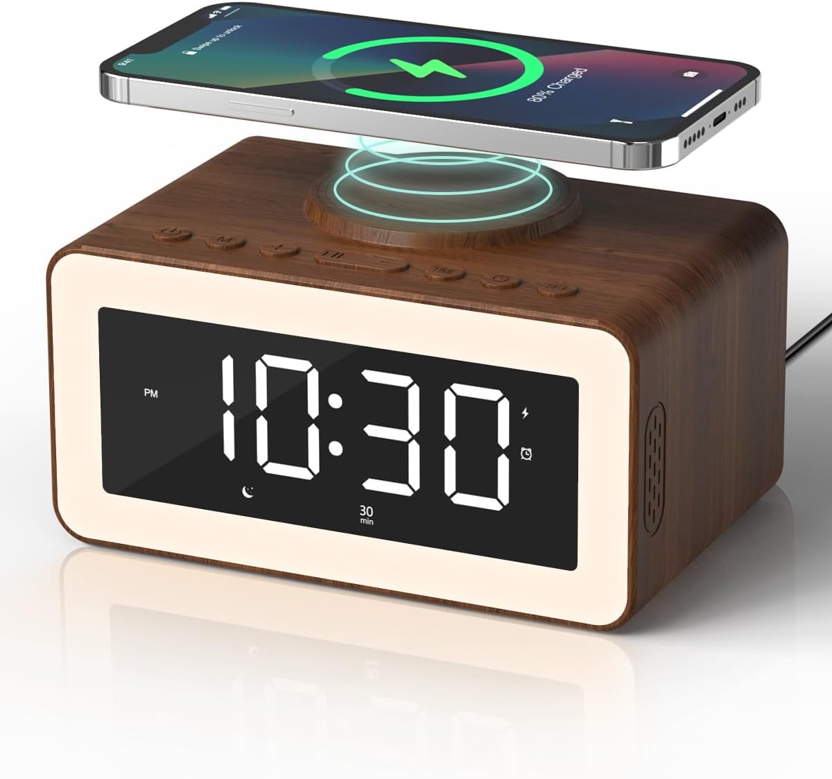Digital Alarm Clocks for Bedrooms, Bluetooth Speaker, Alarm Clock with Wireless Charging, White/Brown Noise Sound Machine for Sleep with Night Light Wooden Vintage Decor Birthday Gifts
