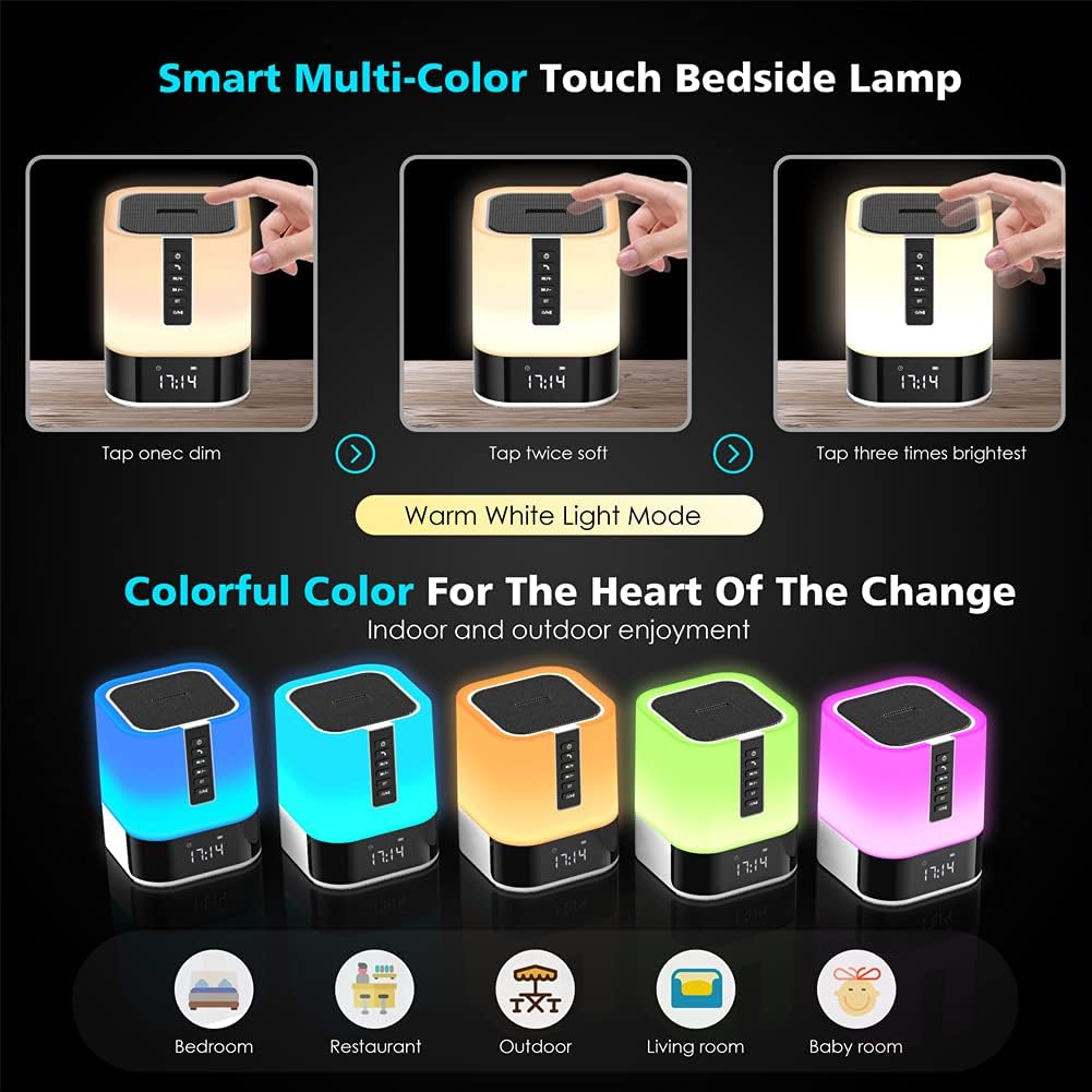 Night Light Bluetooth Speaker, 5 in 1 Touch Control Bedside Lamp Dimmable Multi-Color Changing, Bedroom Alarm Clock