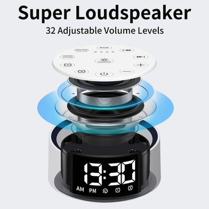 Sound Machine White Brown Noise Machine with 30 Sleeping Sounds for Baby Kids Adults Night Light Bedroom Alarm Clock 2 Alarms Backup Battery 32-Level Vol 15 Wake up Sounds for Mild Heavy Sleeper