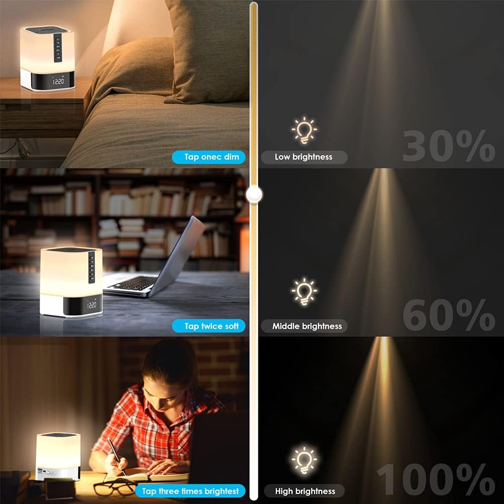 Night Light Bluetooth Speaker, 5 in 1 Touch Control Bedside Lamp Dimmable Multi-Color Changing, Bedroom Alarm Clock