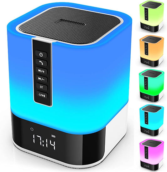 Night Light Bluetooth Speaker, 5 in 1 Touch Control Bedside Lamp Dimmable Multi-Color Changing, Bedroom Alarm Clock