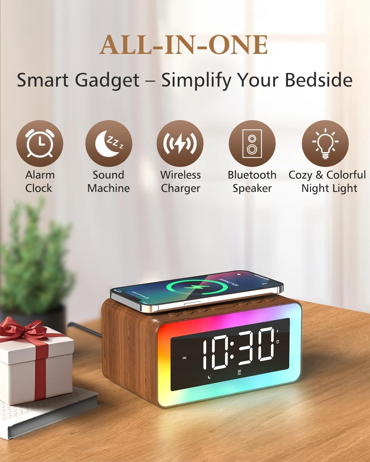 Digital Alarm Clocks for Bedrooms, Bluetooth Speaker, Alarm Clock with Wireless Charging, White/Brown Noise Sound Machine for Sleep with Night Light Wooden Vintage Decor Birthday Gifts