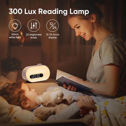 White Noise Sound Machine & Sunrise Alarm Clock, 30 Sleep Sounds, 14 Night Lights, 0-100% Dimmer, Dual Alarm, Sleep Timer, Dimmable Bedside Lamp Wake Up Light for Heavy Sleepers Adults, Kids, Bedrooms