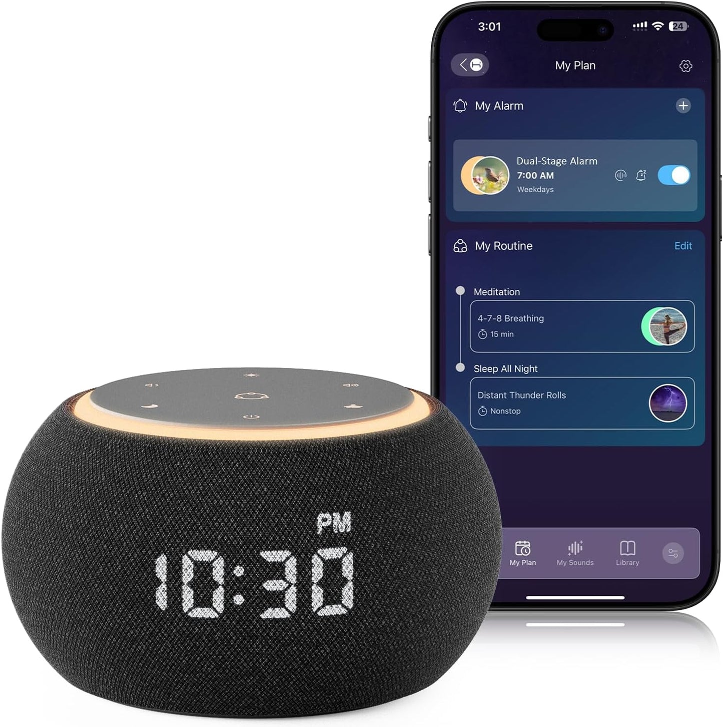 Alarm Clock with Sound Machine for Sleep, Luna Pro Dual-Stage Alarm, 507 Non Looping Sounds, Smart Night Light & Timer, Pink Green Brown White Noise Machine