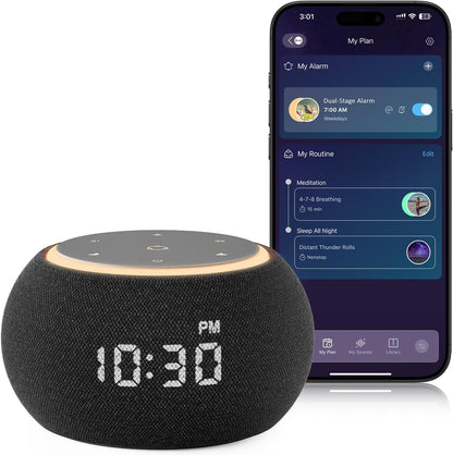 Alarm Clock with Sound Machine for Sleep, Luna Pro Dual-Stage Alarm, 507 Non Looping Sounds, Smart Night Light & Timer, Pink Green Brown White Noise Machine