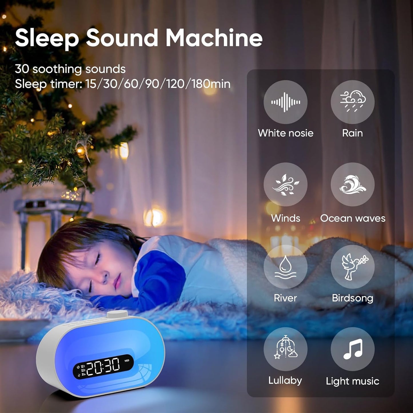 White Noise Sound Machine & Sunrise Alarm Clock, 30 Sleep Sounds, 14 Night Lights, 0-100% Dimmer, Dual Alarm, Sleep Timer, Dimmable Bedside Lamp Wake Up Light for Heavy Sleepers Adults, Kids, Bedrooms
