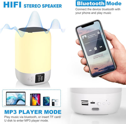 Night Light Bluetooth Speaker Alarm Clock, Sound Machine with White Noise, Touch Bedside Lamp for Bedroom, Dimmable Warm Light