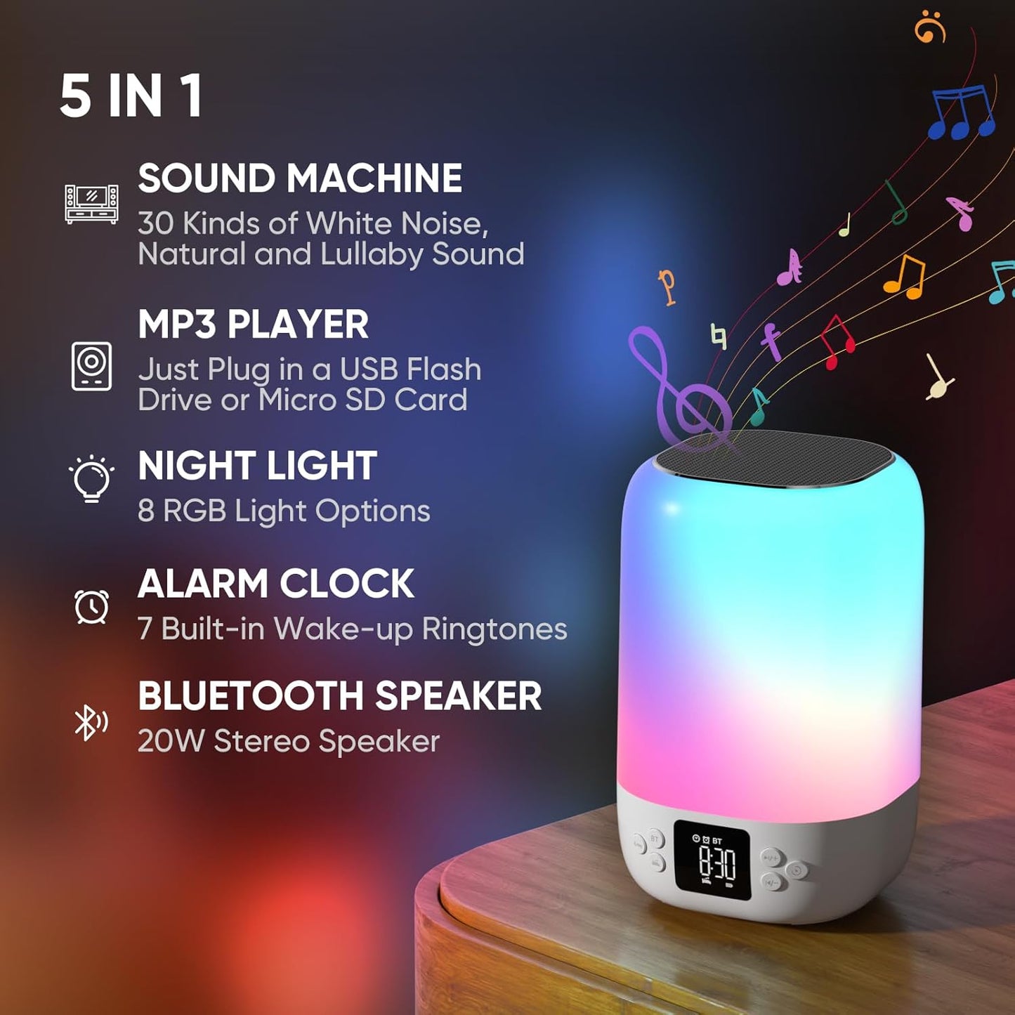 Night Light Bluetooth Speaker Alarm Clock, Sound Machine with White Noise, Touch Bedside Lamp for Bedroom, Dimmable Warm Light