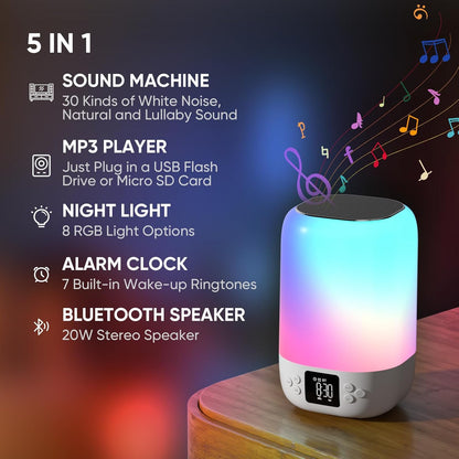 Night Light Bluetooth Speaker Alarm Clock, Sound Machine with White Noise, Touch Bedside Lamp for Bedroom, Dimmable Warm Light