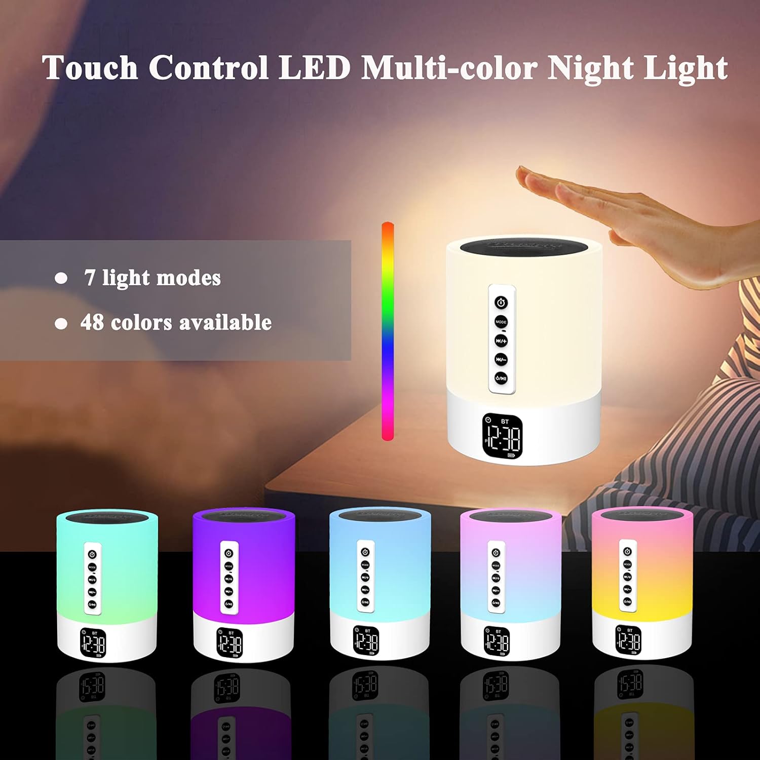 Alarm Clock Bluetooth Speaker, Night Light White Noise Machine Touch Bedside Lamp with Alarm Clock for Kids Multi-Color Changing Night Light