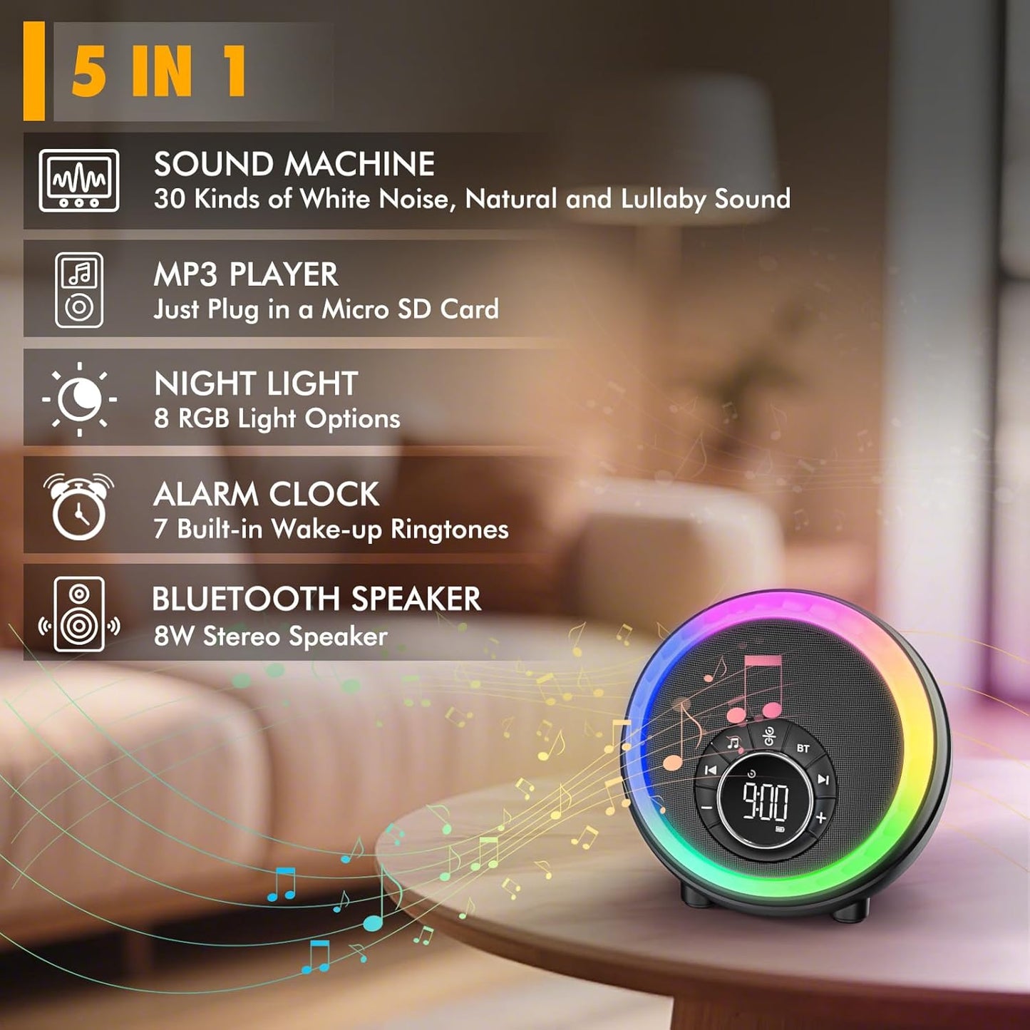 Night Light Bluetooth Speaker Alarm Clock, Portable Sound Machine with White Noise, Touch Bedside Lamp for Bedroom, Dimmable Warm Light, RGB Color Changing
