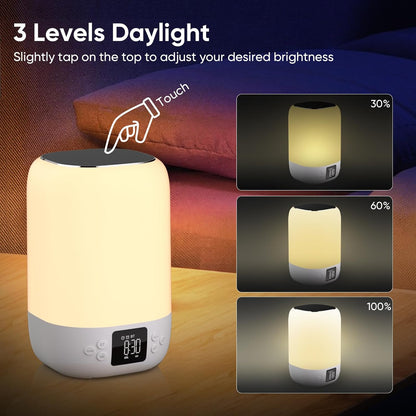Night Light Bluetooth Speaker Alarm Clock, Sound Machine with White Noise, Touch Bedside Lamp for Bedroom, Dimmable Warm Light