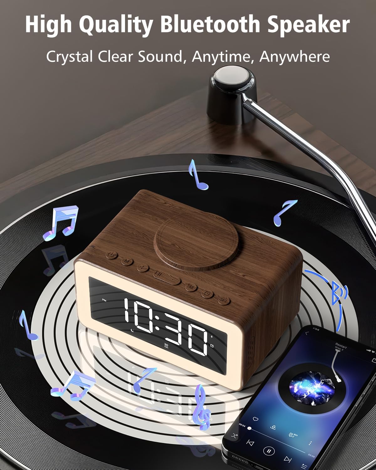 Digital Alarm Clocks for Bedrooms, Bluetooth Speaker, Alarm Clock with Wireless Charging, White/Brown Noise Sound Machine for Sleep with Night Light Wooden Vintage Decor Birthday Gifts