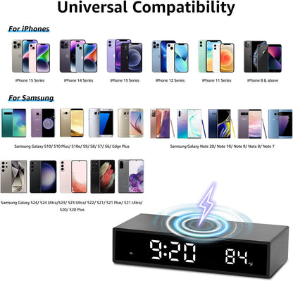 Digital LED Alarm Clock with Wireless Charging, 15W Fast Wireless Charger for Smart Phone for iPhone/Samsung, NightTime Mode Adjustable Brightness Snooze, Clock for Bedroom, Living Room, Office, Black