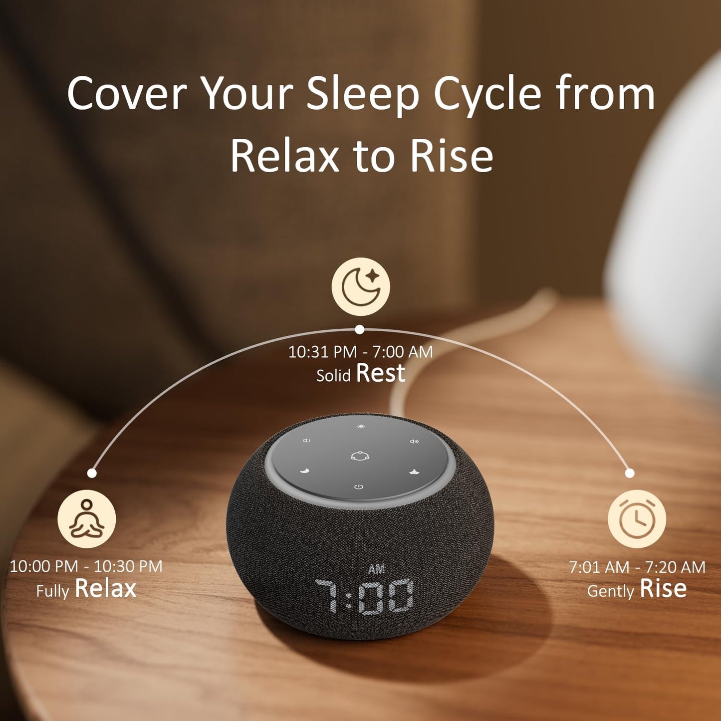 Alarm Clock with Sound Machine for Sleep, Luna Pro Dual-Stage Alarm, 507 Non Looping Sounds, Smart Night Light & Timer, Pink Green Brown White Noise Machine