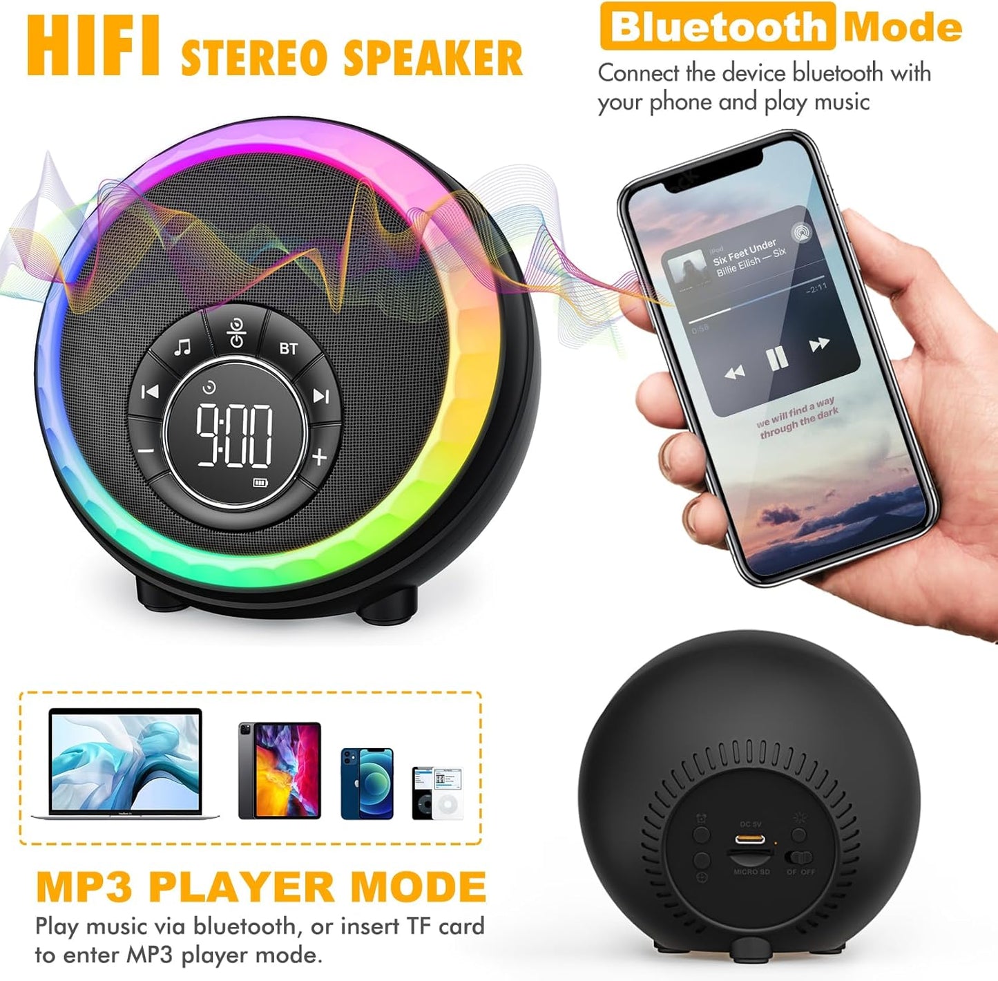 Night Light Bluetooth Speaker Alarm Clock, Portable Sound Machine with White Noise, Touch Bedside Lamp for Bedroom, Dimmable Warm Light, RGB Color Changing