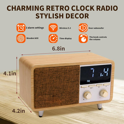 Retro Bluetooth Speaker Clock Radio with Fabric Grille&Wood Finish,Vintage FM Radio with Dual Alarm,Dimmable LED Display for Bedroom Nightstand,Office Desk,Loud Sound,Rechargeable,Knob Control