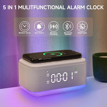 Alarm Clock Speaker Wireless Charger, Digital Alarm Clocks Bedrooms Bluetooth, Alarm Clock Dimmable Light Bedrooms Dual Alarm Snooze Dimmer 12 24H RGB Night Light Bluetooth USB AUX, White