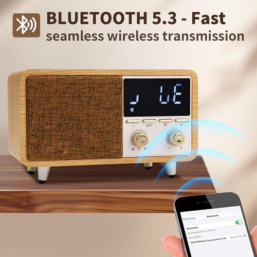 Retro Bluetooth Speaker Clock Radio with Fabric Grille&Wood Finish,Vintage FM Radio with Dual Alarm,Dimmable LED Display for Bedroom Nightstand,Office Desk,Loud Sound,Rechargeable,Knob Control