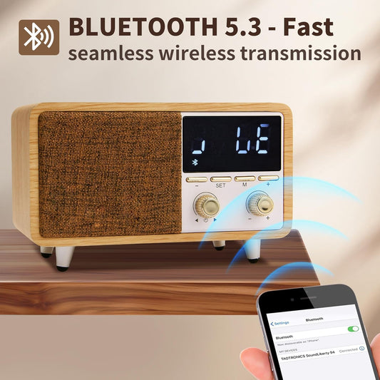 Retro Bluetooth Speaker Clock Radio with Fabric Grille&Wood Finish,Vintage FM Radio with Dual Alarm,Dimmable LED Display for Bedroom Nightstand,Office Desk,Loud Sound,Rechargeable,Knob Control