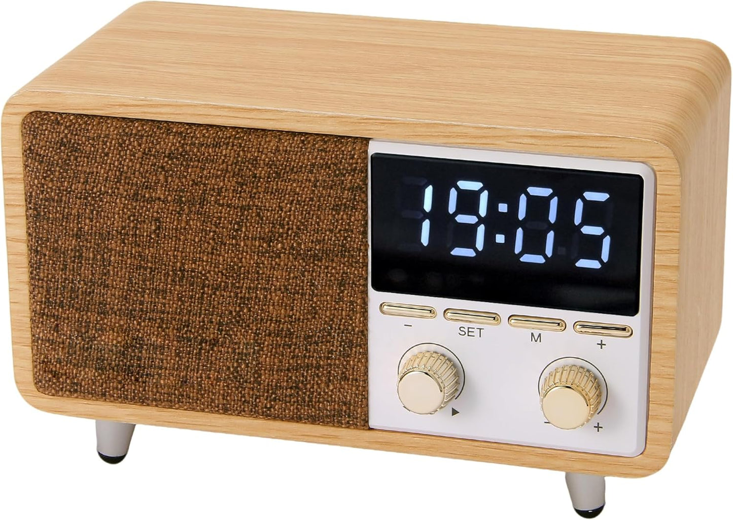 Retro Bluetooth Speaker Clock Radio with Fabric Grille&Wood Finish,Vintage FM Radio with Dual Alarm,Dimmable LED Display for Bedroom Nightstand,Office Desk,Loud Sound,Rechargeable,Knob Control