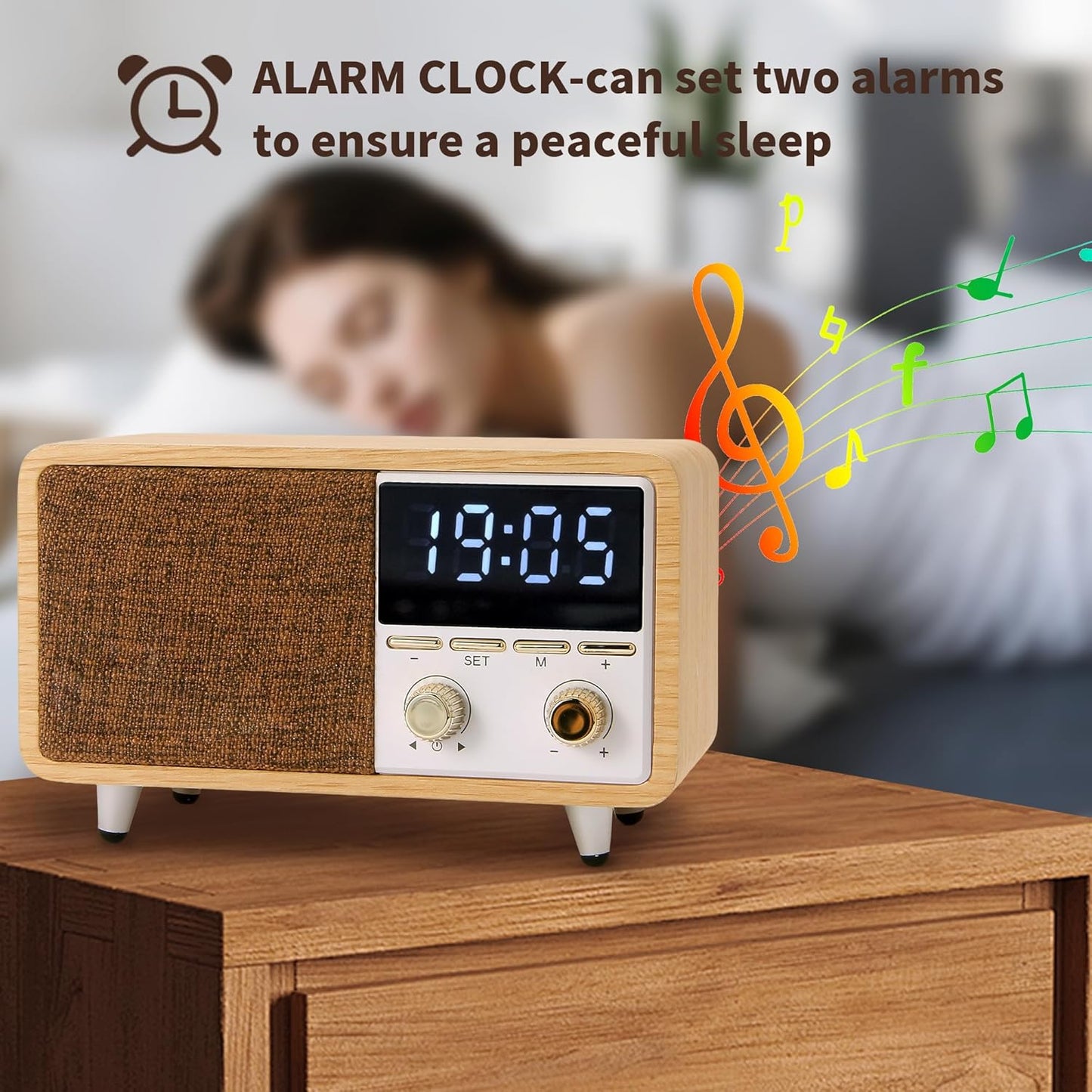 Retro Bluetooth Speaker Clock Radio with Fabric Grille&Wood Finish,Vintage FM Radio with Dual Alarm,Dimmable LED Display for Bedroom Nightstand,Office Desk,Loud Sound,Rechargeable,Knob Control